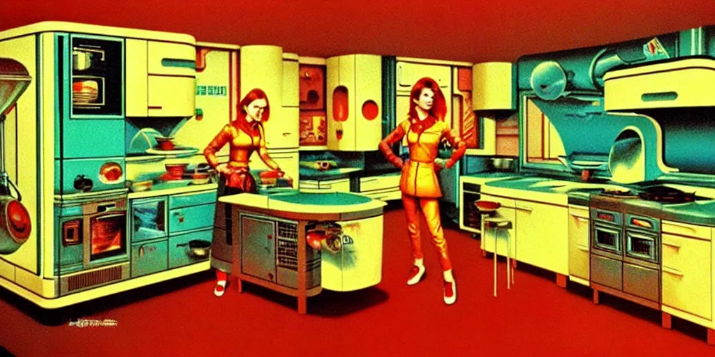 Image similar to soviet retro - futuristic kitchen by drew struzan