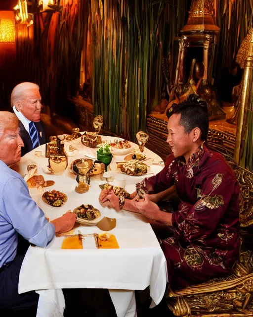 Image similar to Trump and Biden having dinner at a fancy Balinese restaurant, award winning photography, 85mm, perfect faces