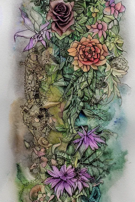 Image similar to watercolor steampunk botanical nature