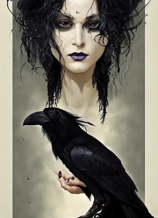 Image similar to portrait of a goth god and black raven by Neil Gaiman, intricate, elegant, highly detailed, digital painting, artstation, concept art, smooth, sharp focus, illustration, art by artgerm and greg rutkowski and alphonse mucha and francisco goya