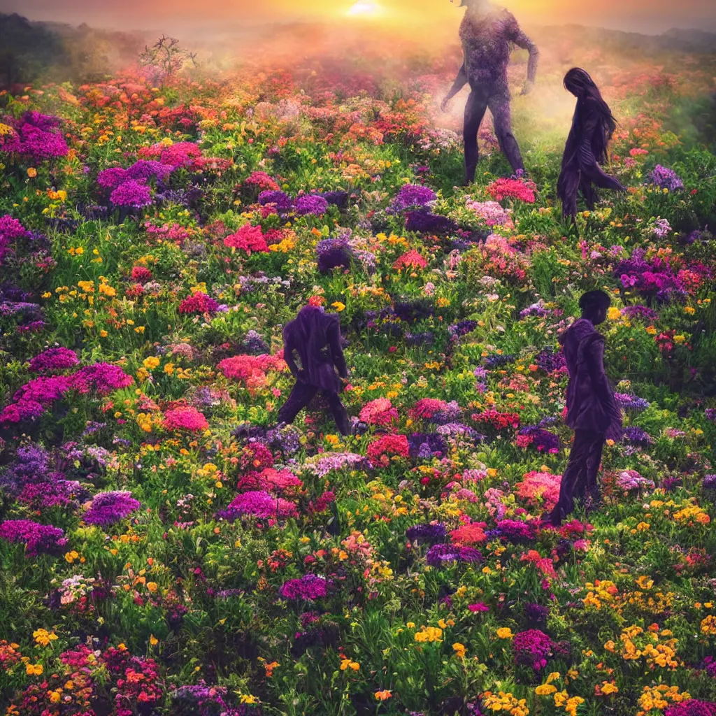 Prompt: a planet of various flowers, fungus and plants, in which the human figure is dressed in something magical and impressive, inside the picture is infinity, sunset light, Atmospheric phenomenon, artistic photography, muted colors, conceptual, long exposure outside the city