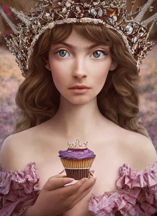 Image similar to closeup face profile portrait of a fairytale princess wearing a crown eating cakes in the castle, bikini, depth of field, zeiss lens, detailed, symmetrical, centered, fashion photoshoot, by nicoletta ceccoli, mark ryden, lostfish, breathtaking, 8 k resolution, extremely detailed, beautiful, establishing shot, artistic, hyperrealistic, octane render