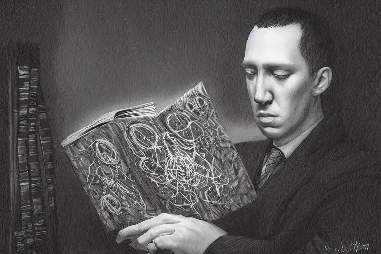 Image similar to “ a extremely detailed stunning portraits of hp lovecraft reading necronomicon by allen william on artstation ”