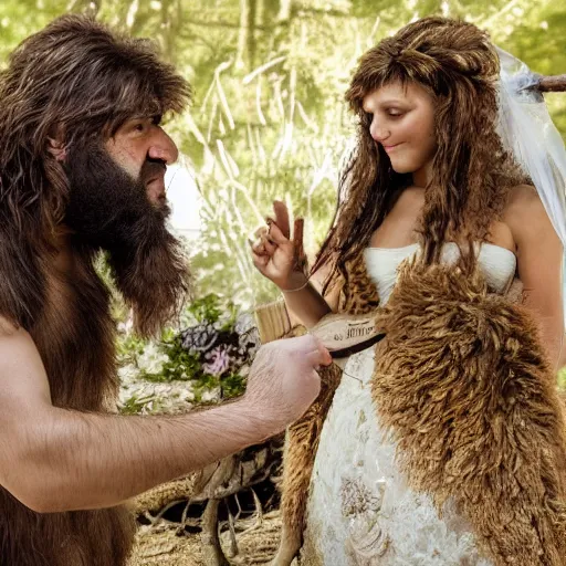 Image similar to caveman getting married in real life, intricate, highly detailed, detailed, hyper realistic, 4 k, 8 k uhd, realistic, great detail