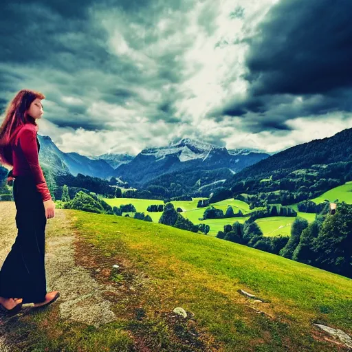 Image similar to a beautiful photograph of a girl with switzerland landscape in the background with trees, hdr, 8 k, high quality, sharp focus, artstation, highly detailed, award - winning, dramatic lighting, beautiful clouds, and nature