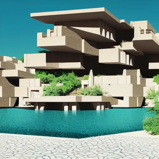 Image similar to architectural rendering of habitat 6 7 in the desert, biophilia style, pool, garden