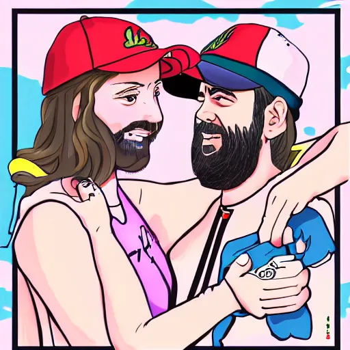 Image similar to hila klein holding hands with keemstar, anime style, digital art, cure, teddy fresh