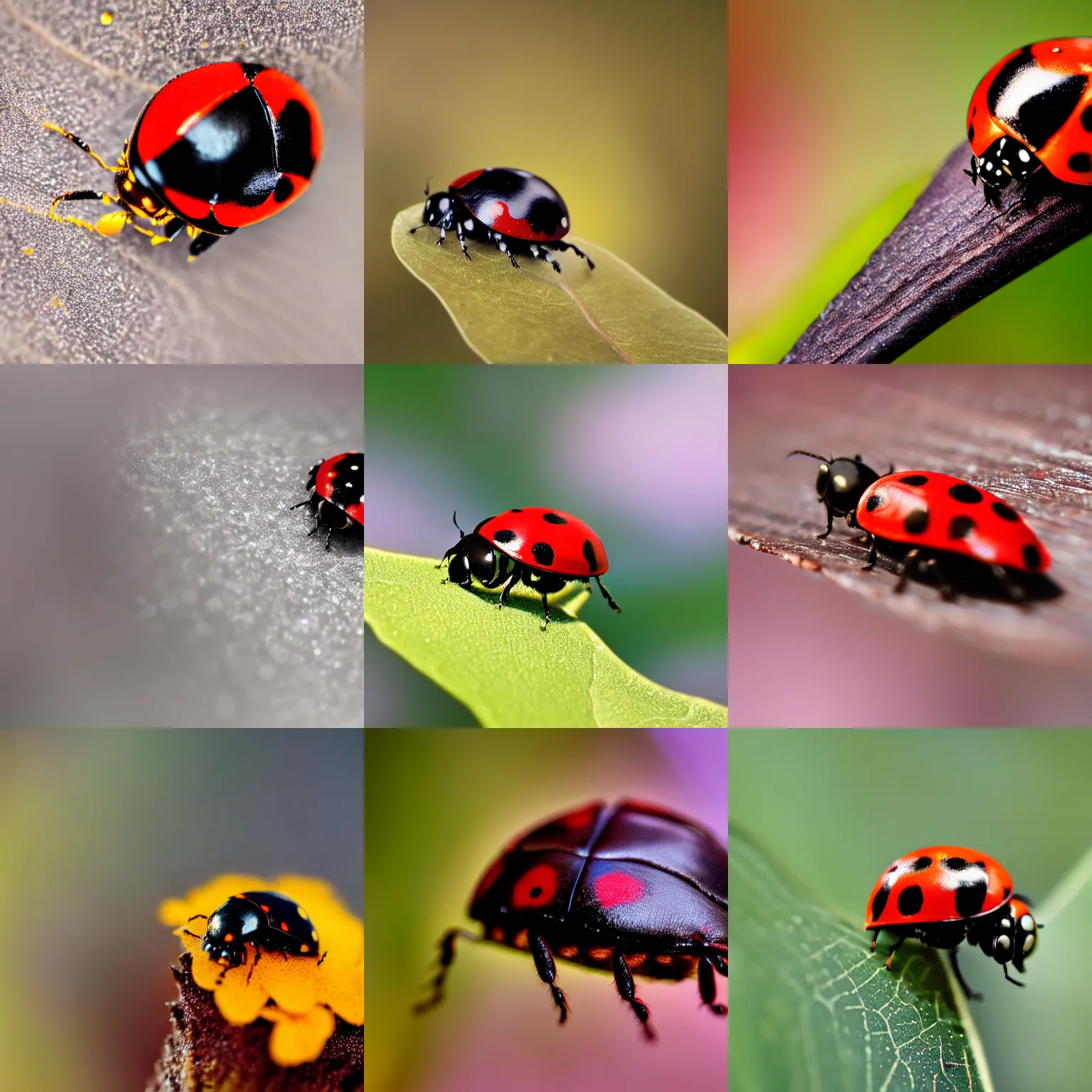 Prompt: macro photography of ladybug, bokeh effect, hazy, dramatic light, 8 k, award - winning