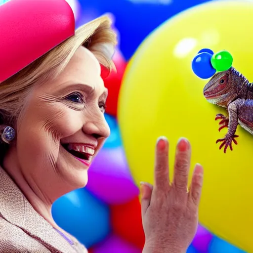 Prompt: lizard Hillary Clinton looking at brightly colored balloons, photo, detailed, 4k