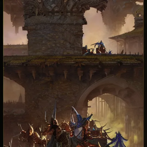 Image similar to Magic The Gathering art action shot of half elven ninjas scaling battlements in moonlight, drawn by Donato Giancola and Tom Bagshaw, Edmund Leighton, Alphonse Mucha, 4k, volumetric lighting, komorebi, intense battle scene award winning, octane render, hyperrealistic