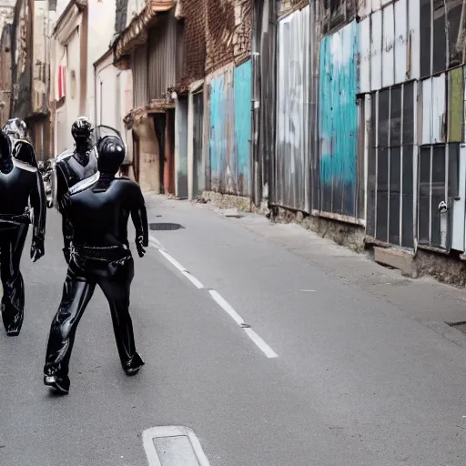 Prompt: men in chrome bodysuits walk down an alleyway past dead corpses