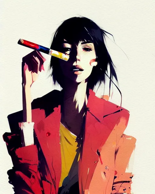 Prompt: a ultradetailed beautiful portait panting of a stylish woman with a cigarette in her hand, by conrad roset, greg rutkowski and makoto shinkai, trending on artstation