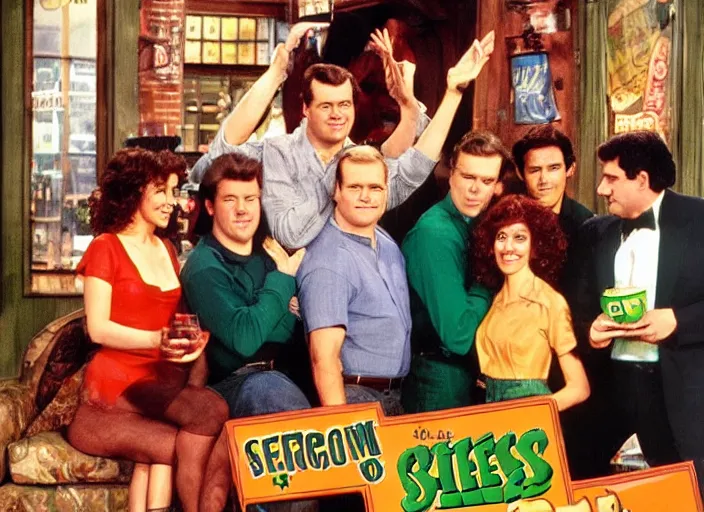 Image similar to the episode of Cheers where everyone gets covered with nickelodeon slime hd
