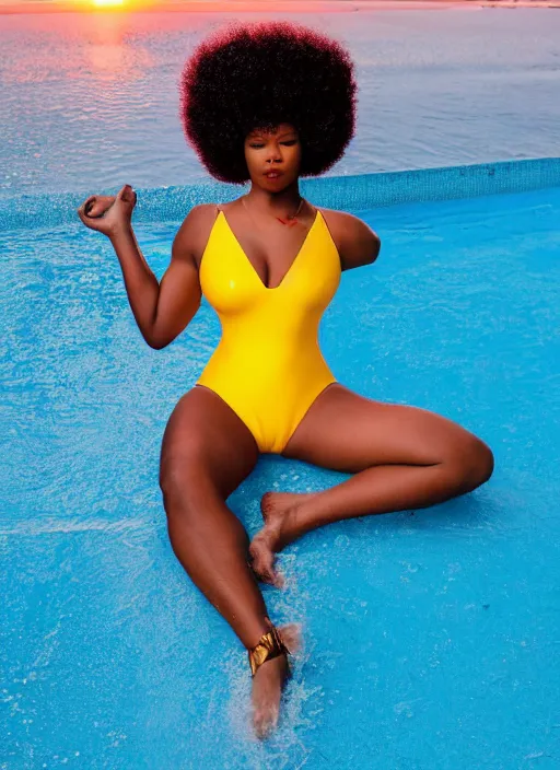 Image similar to a plump afro girl on the edge of the pool in a galographic swimsuit, a swimsuit with a lock on the chest, afro pigtails hairstyle, sunset mood, vogue style,, golden ratio, perfect composition, medium close - up ( mcu ), cannon ef 6 5 mm f / 2. 8 8 k