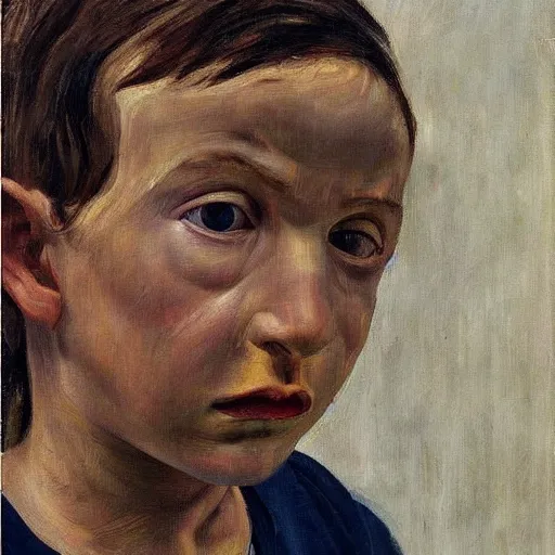 Prompt: Oil painting Portrait of a sad child, by Lucian Freud, Abstract brush strokes, Masterpiece