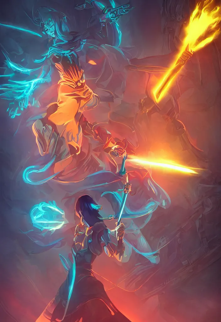 Prompt: , woman with illuminated sword and android with neon gloves fighting a shadow demon, digital effects fantasy ,digital art, illustration, stylized, cel shaded