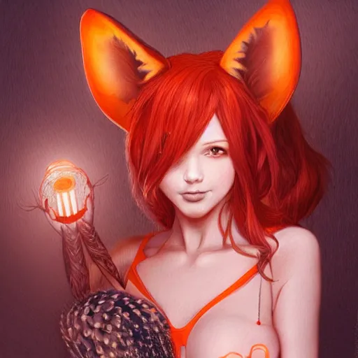 Image similar to Portrait of red-haired girl with fox ears and an evil grin in orange bikini holds a cactus cinematic lighting, intricate, elegant, highly detailed, digital painting, artstation, smooth, sharp focus, illustration, art by Yoshitaka Amano, artgerm