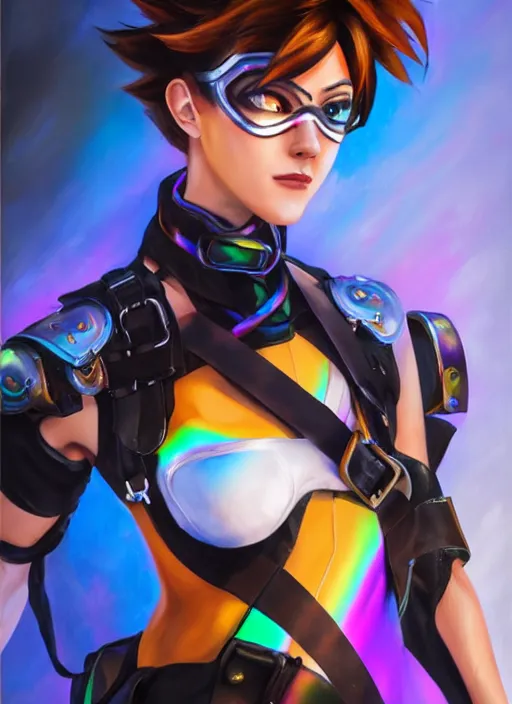 Image similar to oil painting digital artwork of tracer overwatch, confident pose, wearing black iridescent rainbow latex, 4 k, expressive happy smug expression, makeup, in style of mark arian, wearing leather collar, wearing sleek full body armor, black leather harness, expressive detailed face and eyes,