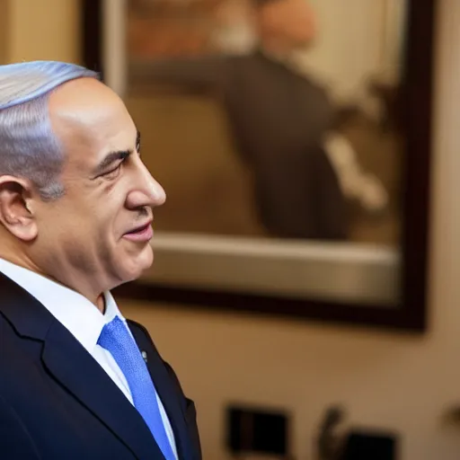 Prompt: fish eye lens photo of benjamin netanyahu looking at the camera curiously