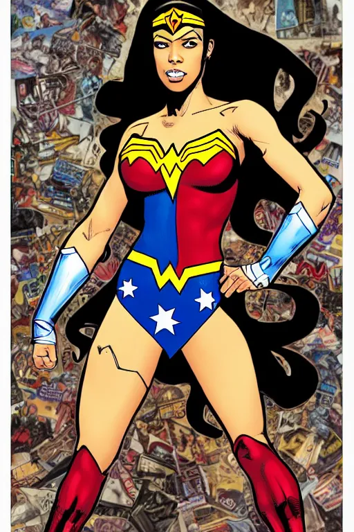 Prompt: aaliyah haughton as wonder woman, standing, full body, vector image, comic books style, very detailed, by jim lee, by todd mcfarlane, by rob liefeld