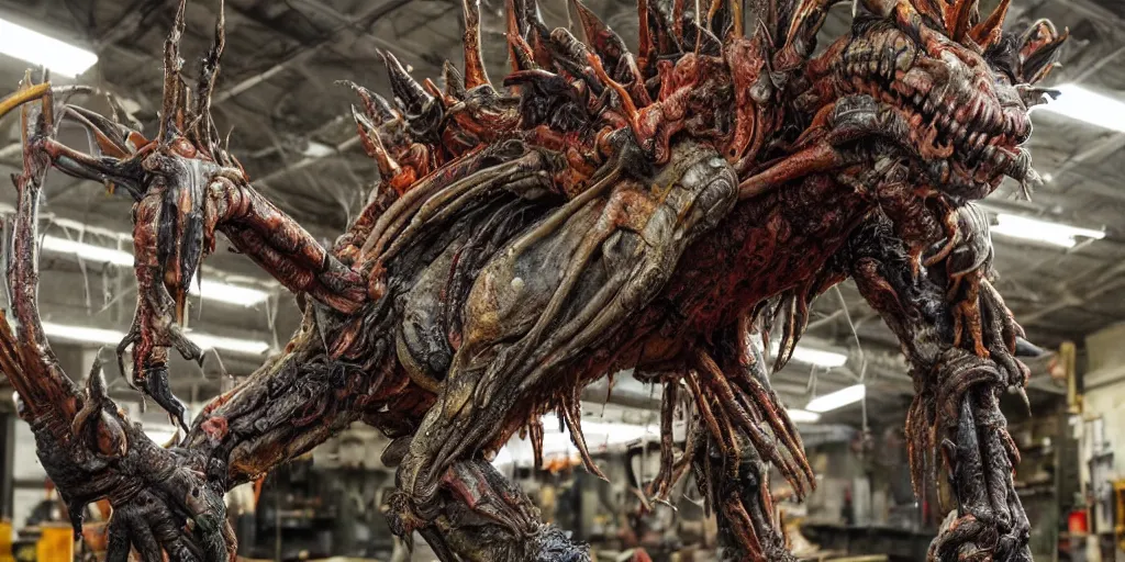 Image similar to photo taken of an epic intricate, ultra detailed, super realistic gritty, hero prop, exquisitely painted animatronic movie prop of a grotesque nightmarish hellish alien creature displayed in the workshop, created by weta workshop, full body shot, photorealistic, sharp focus