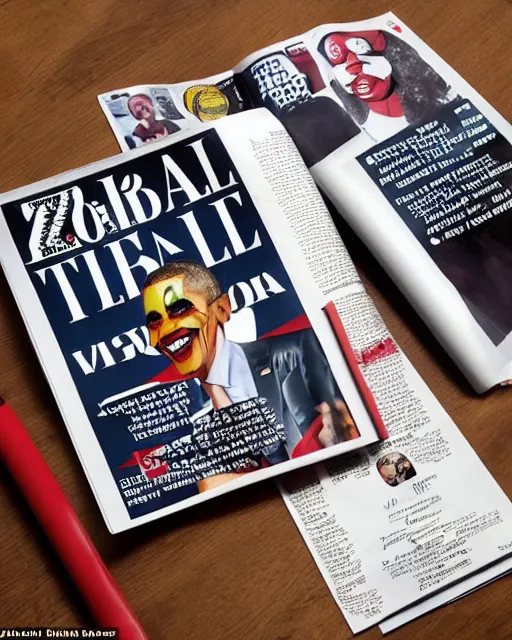 Prompt: 'a full view of table and magazine with picture of barack obama dressed as clown', magazine, zoomed out, zoomed out, zoomed out