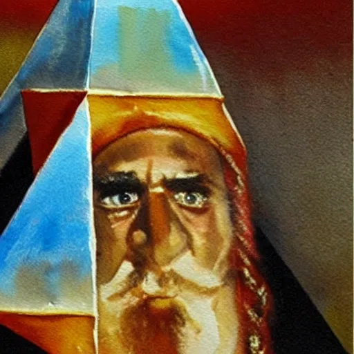 Image similar to George bush dressed as Osama bin laden painting a watercolor pyramid with an eye inside the triangle