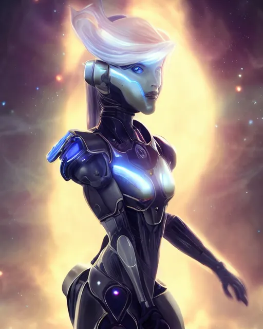 Image similar to perfect android girl on a mothership, warframe armor, beautiful face, scifi, futuristic, galaxy, nebula, raytracing, dreamy, long white hair, blue cyborg eyes, sharp focus, cinematic lighting, highly detailed, artstation, divine, by gauthier leblanc, kazuya takahashi, huifeng huang