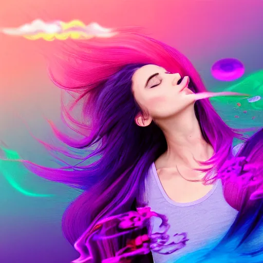 Prompt: a award winning half body portrait of a beautiful woman in a croptop with a ombre purple pink teal hairstyle with head in motion and hair flying, water bubbles, outrun, vaporware, vivid colors, highly detailed, fine detail, intricate