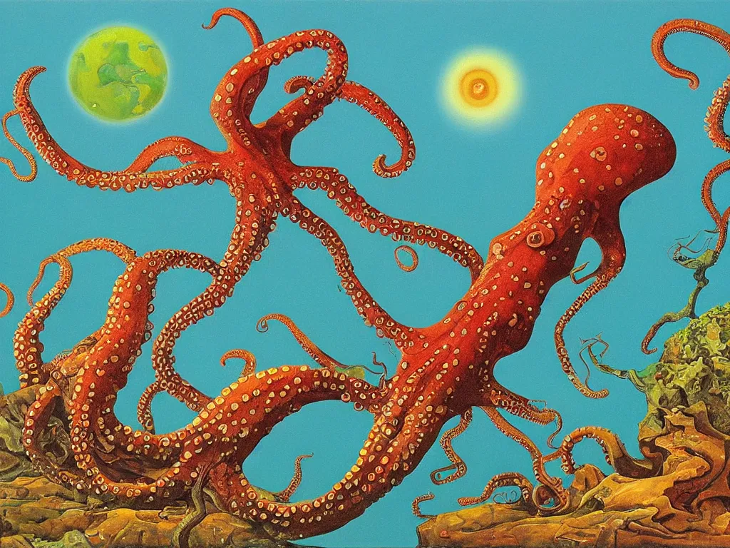 Prompt: The world as seen by an octopus. Painting by Roger Dean, Bosch.