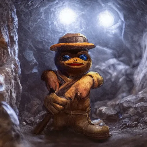 Prompt: pepe the miner in a dark cave, realistic, detailed, photography, artstation, dramatic light