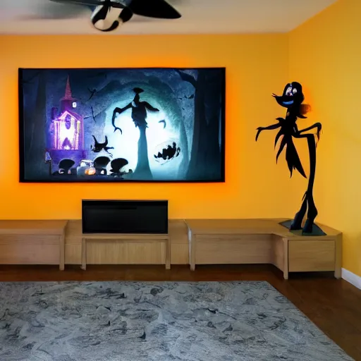 Image similar to Halloween TV show room with big screen on the wall by Disney Concept Artists, blunt borders, rule of thirds