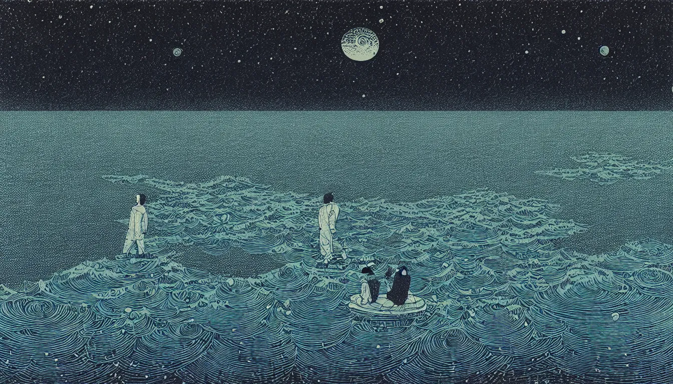 Image similar to standing in a lake looking at reflection of the night sky by woodblock print, nicolas delort, moebius, victo ngai, josan gonzalez, kilian eng