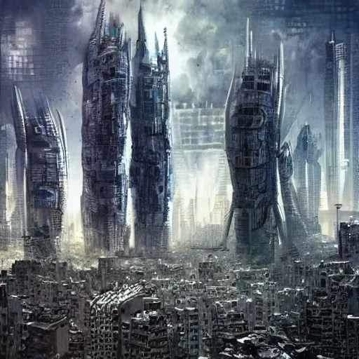 Prompt: A picture three tall skyscrapers with giant robotic features, fighting, punching, action, post apocalyptic urban landscape, sci fi, detailed, hyper realistic