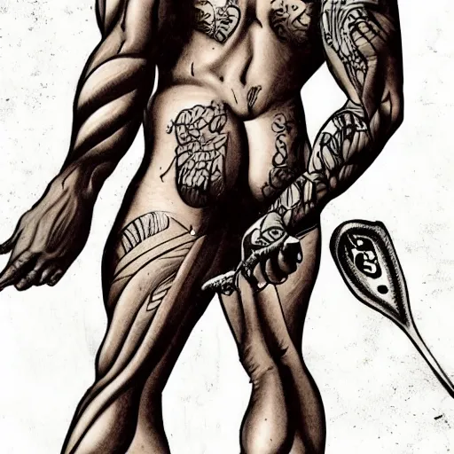 Image similar to muscular bald man, tattooed body, sword in hands, HD, anime style,