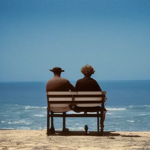 Image similar to a man sitting on a bench looking out at the ocean, a stock photo by Christen Dalsgaard, shutterstock contest winner, australian tonalism, photo taken with provia, photo taken with ektachrome, shallow depth of field