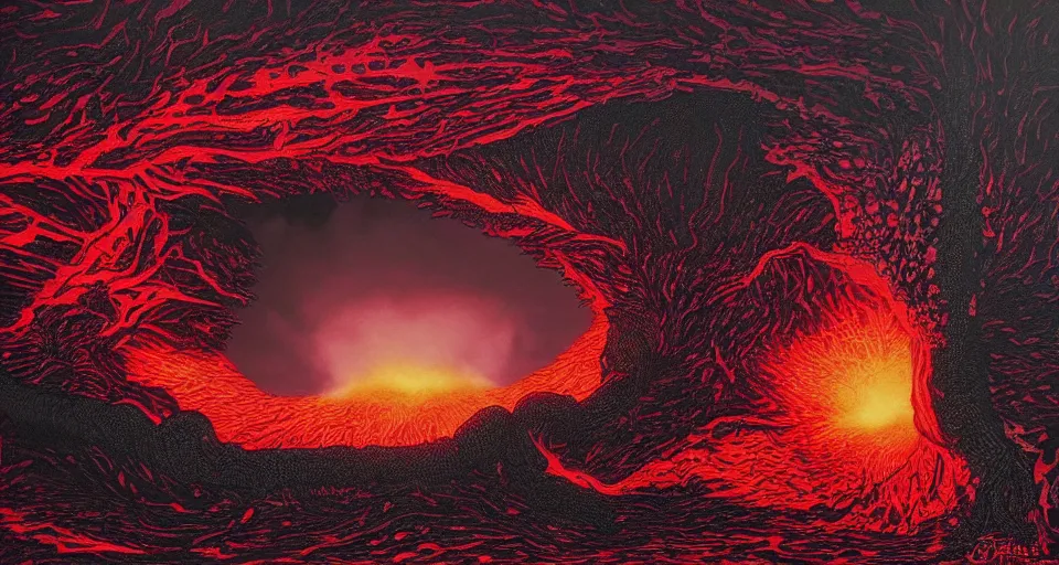 Image similar to a volcano made of ivory vines and crimson rocks enters in eruption, it spits a smoke in the shape of demonic eye, by Dan mumford,