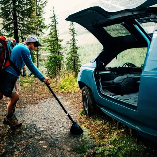 Image similar to hiker unloading the car before camping, style by roman shipunov