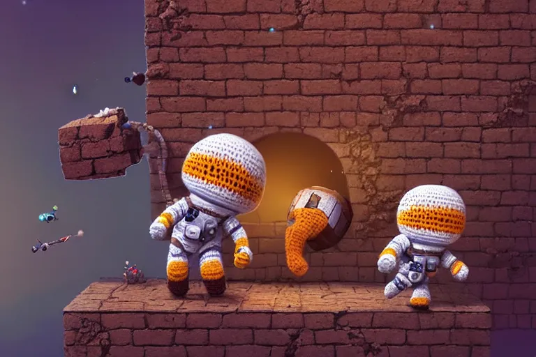 Image similar to an expedition of crochet cute astronauts discovering a hole of a brick wall. cute, illustration, digital art, inspired by little big planet, by greg rutkowski, detailed, sharp, masterpiece, highly detailed, photorealistic, octane render, 8 k, unreal engine 5, trending on artstation, vivid colors