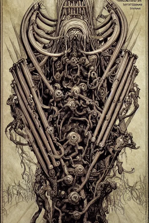 Image similar to occult diagram of a twisted evil pipe organ in the style of wayne barlowe, gustav moreau, goward, Gaston Bussiere and roberto ferri, santiago caruso, ((jose gabriel alegria sabogal)), composition by austin osman spare!