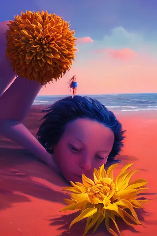 Prompt: closeup giant dahlia flower head, girl laying on beach, surreal photography, blue sky, sunrise, dramatic light, impressionist painting, digital painting, artstation, simon stalenhag