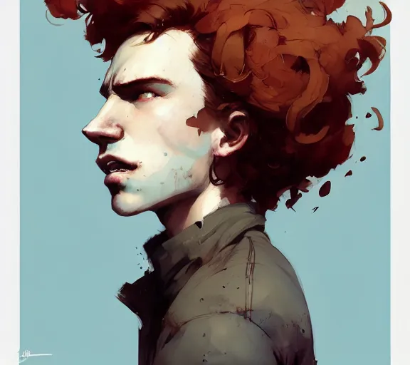 Image similar to portrait man with red curly hair and bright eyes atey ghailan, by greg rutkowski, by greg tocchini, by james gilleard, by joe fenton, by kaethe butcher, by ashley wood, dynamic lighting, gradient light blue, brown, blonde cream and white color scheme, grunge aesthetic