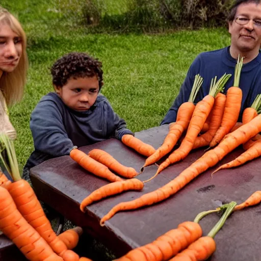 Image similar to family of humanoid carrot cannibals sit at a table with a single carrot at the center, photograph