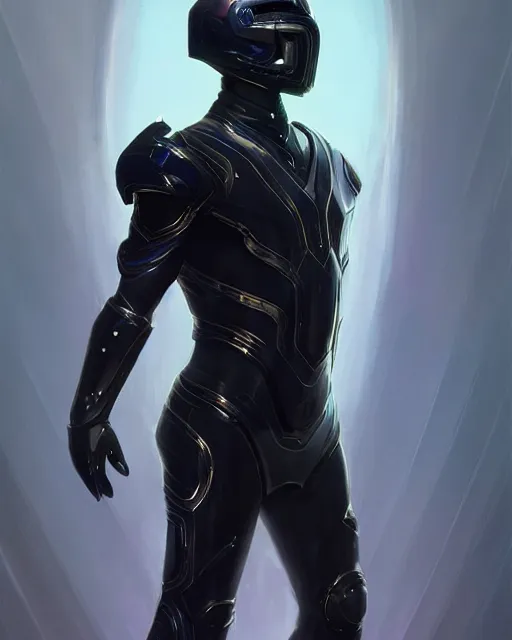 Prompt: character concept of iridescent sinewy smooth muscular male sleek glossy indigo black pearlescent scifi armor with smooth black onyx tron helmet, by greg rutkowski, mark brookes, jim burns, tom bagshaw, magali villeneuve, trending on artstation