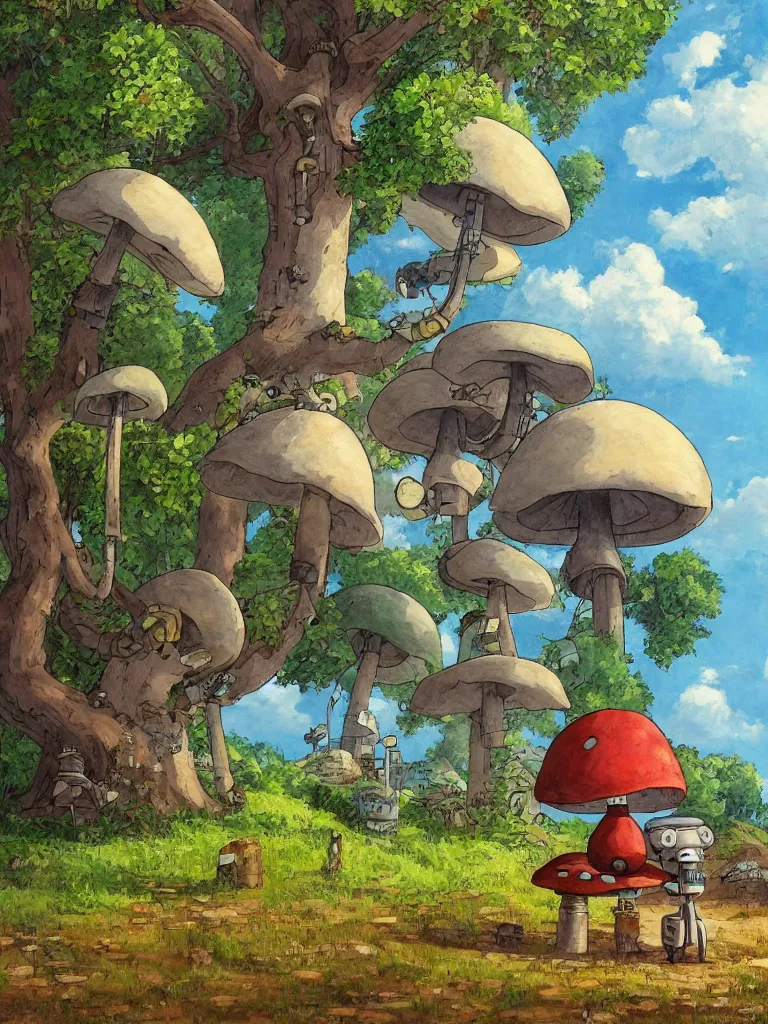 Image similar to portrait painting of a rustic robot sitting under a tree, mushroom, in the style of Studio Ghibli, by Hayao Miyazaki, high quality, detailed, 8k, amazing