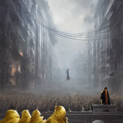 Image similar to luxury advertisement, a highly detailed epic cinematic concept art CG render digital painting artwork of an elderly professor in a grey coat with a long yellow scarf preaching for the revolution to start. By Greg Rutkowski, Ilya Kuvshinov, WLOP, Stanley Artgerm Lau, Ruan Jia and Fenghua Zhong, trending on ArtStation, made in Maya, Blender and Photoshop, octane render, excellent composition, cinematic dystopian soviet atmosphere, dynamic dramatic cinematic lighting, aesthetic, very inspirational, arthouse