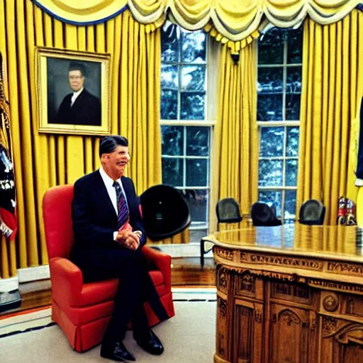 Image similar to a minion meeting president ronald reagan, zoom photograph, oval office,