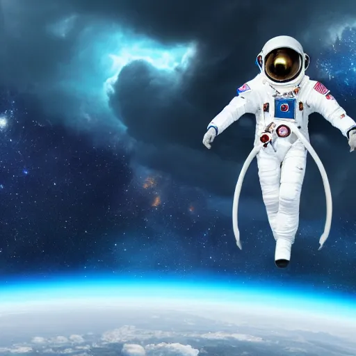 Prompt: hyper realistic wide view, occult cosmonaut with glowing magic symbols on his suit, highly detailed octane render 4k, floating in space with a huge metaphysical spaceship in the distant background, horror, despair, frightening