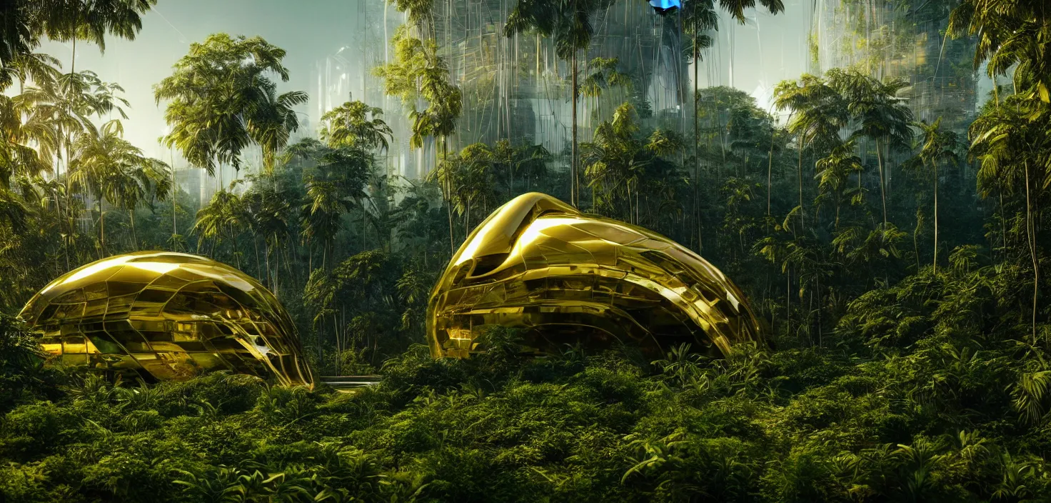 Image similar to futuristic shinny golden building in an jungle landscape of a biopunk city by taras shevchenko and wlop, movie poster, golden ratio, evening lighting, film still, realistic, octane render redshift arnold materials unreal engine, 8 k post production, hyper detailed