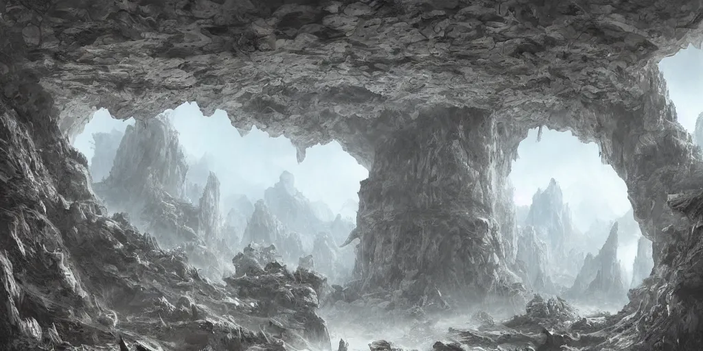 Image similar to highly detailed cave entrance in a scifi landscape by feng zhu, perfect geometry, hyper - detailed, sharp, beautiful, desaturated, beautiful lighting, oil on canvas